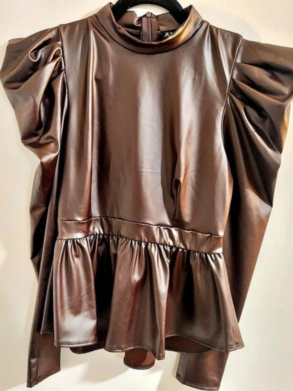 JULIA Faux Leather Puff Sleeve Peplum Top Size Large Like New